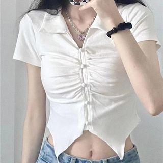 Short-sleeve Collared Crop Top White - One Size