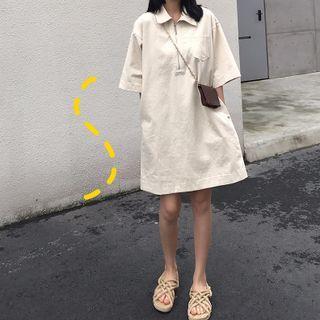 Elbow-sleeve Mini Collared Dress Almond - One Size