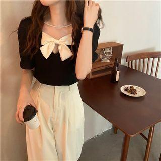 Color Block Bow Puff-sleeve Chiffon Top