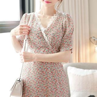 Lace-trim Puff-sleeve Long Floral Dress