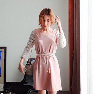 Lace-sleeve Color-block Dress With Cord