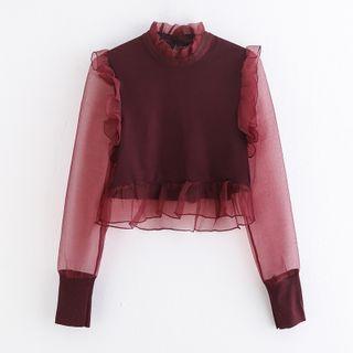 Long-sleeve Knit Panel Mesh Top