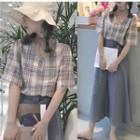 V-neck Plaid Short-sleeve Top / High-waist Midi Skirt