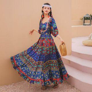 3/4-sleeve Floral Embroidered Patterned Maxi A-line Dress
