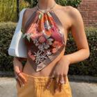 Halter Neck Floral Print Open-back Camisole Top Brown - One Size