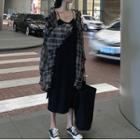 Spaghetti Strap Midi A-line Dress / Plaid Shirt / Set