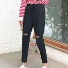 Drawstring Waist Distressed Cropped Jeans