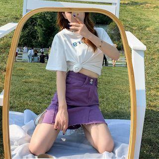 Lettering Elbow-sleeve T-shirt / Mini A-line Skirt / Set