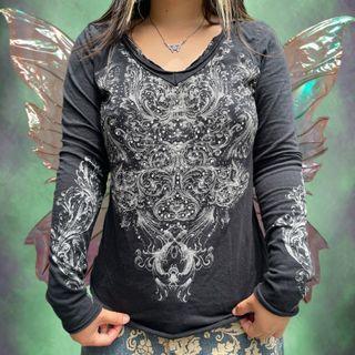Printed Rhinestone V-neck Long Sleeve Top
