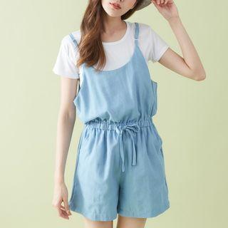 Set: Plain Strappy Playsuit + Short-sleeve T-shirt Light Blue - One Size
