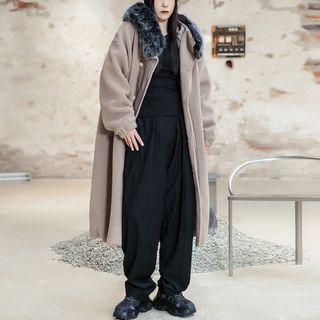 Detachable Collar Single Breasted Long Jacket Dark Khaki - One Size