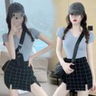 Short-sleeve V-neck Top / Check Mini Fitted Skirt