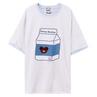 Milk Carton Print Elbow-sleeve T-shirt White - One Size