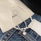 Heart Pendant Freshwater Pearl Layered Alloy Bracelet White & Silver - One Size