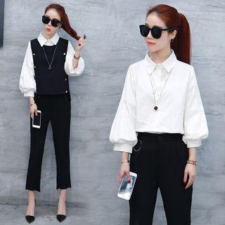 Set: Balloon Sleeve Blouse + Vest + Cropped Wide Leg Pants
