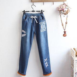 Applique Fleece-lined Straight-fit Jeans