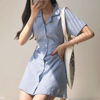Short-sleeve Striped Buttoned A-line Mini Dress