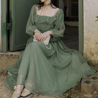 Lantern-sleeve Long-sleeve Chiffon Dress