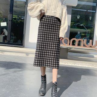 Slit-back Plaid Woolen Fitted Skirt