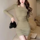 Long Sleeve Halter-neck Plain Mini Sheath Dress