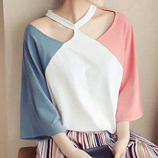 Elbow-sleeve Color Block Halter T-shirt