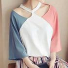 Elbow-sleeve Color Block Halter T-shirt