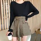 Long-sleeve T-shirt / Buttoned A-line Skirt With Sash