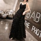 Spaghetti Strap Fringed Tiered A-line Evening Gown