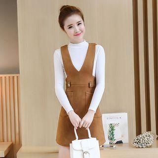 Set: Mock Neck Long-sleeve Top + Pinafore Dress