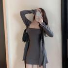 Long-sleeve Hooded Cardigan / Spaghetti-strap Slim Fit Dress