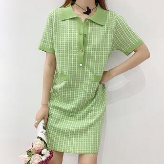 Plaid Polo-neck Short-sleeve Mini Knit Dress