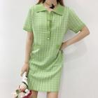 Plaid Polo-neck Short-sleeve Mini Knit Dress