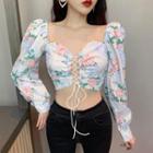 Puff-sleeve Floral Print Cropped Blouse Pink Flowers - Blue & White - One Size
