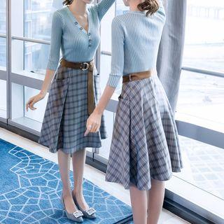 Set: 3/4-sleeve Knit Top + Plaid A-line Midi Skirt