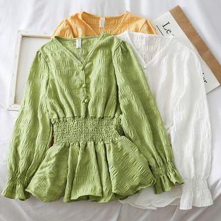Gather-waist V-neck Blouse