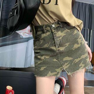 Camo Print Denim Pencil Skirt
