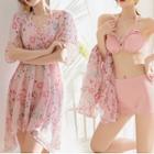 Set: Plain Bikini + Short-sleeve Floral Print Cover-up Dress