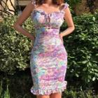Ruffle Strap Floral Print Sheath Dress