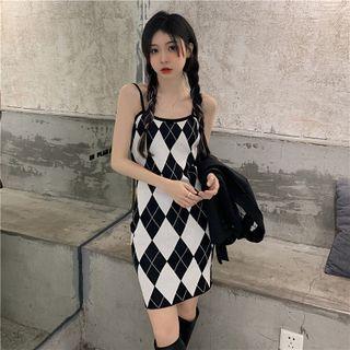 Spaghetti Strap Argyle Dress Black - One Size