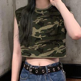 Camo Print Crewneck Sleeveless Top As Shown In Figure - One Size
