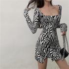 Long-sleeve Zebra Print Mini Dress Black & White - One Size