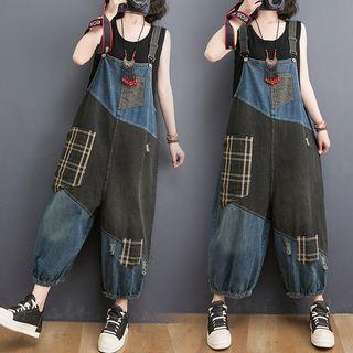 Plaid Panel Denim Cropped Jumper Pants
