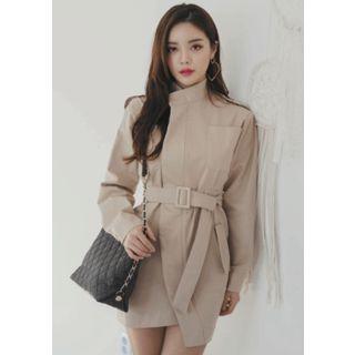 Stand-collar Belted Mini Coatdress