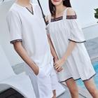 Couple Matching Embroidered Short Sleeve T-shirt / Cut Out Shoulder Short Sleeve Dress