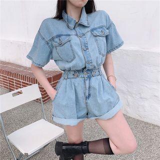 Short-sleeve Denim Playsuit Light Blue - One Size
