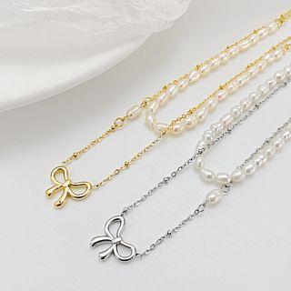 Faux Pearl Bow Layered Necklace