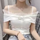 Short-sleeve Cold-shoulder Mesh Trim Top