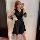 Mesh-sleeve Dotted A-line Dress