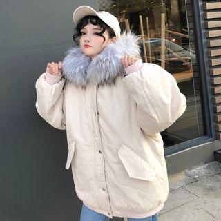 Contrast Trim Furry Hood Padded Coat