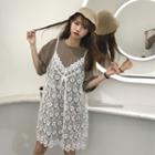 Set: Elbow-sleeve T-shirt Dress + Strappy Lace A-line Dress